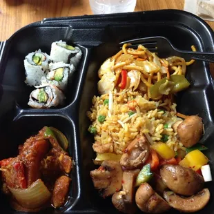 Chicken with green peppers and mushroom, sushi, fried rice, lo mein and spicy mushroom!