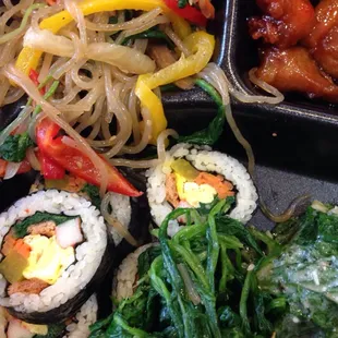Kimbap, japcheh, Korean style spinach salad