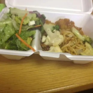 Fire shrimp with lo mien, steamed broccoli and side of greek salad