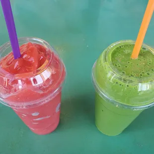 Strawberryordinary smoothie and Green Omega juice