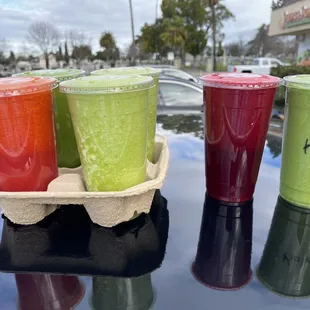 Kale Juice, Vampiro (beets juice), V-6, and Diet Green