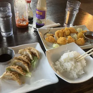 Gyoza, tempura shrimp, and steamed rice. My own combo.