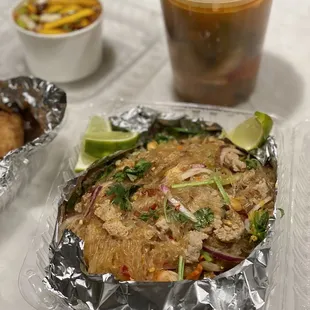 a plate of food and a drink