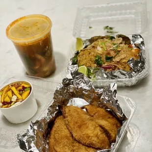 Fish with mango fish sauce, tom yum soup, and glass salad