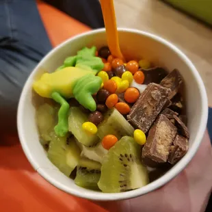 a person holding a bowl of fruit and chocolate