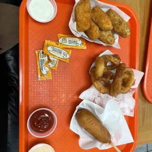 Corn dog, onion rings, poppers