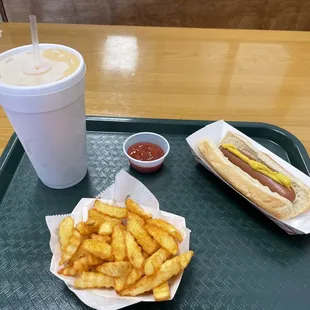 Orange Frost drink, fries, hot dog