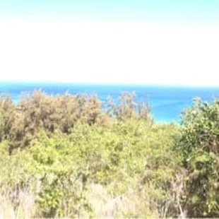 a view of the ocean from a train window