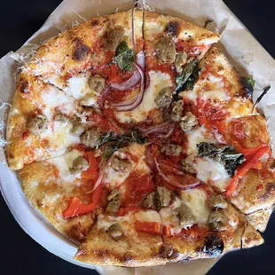 Sausage Pizza w/ fennel sausage, san marzano tomatoes, mozzarella, red onion, bell pepper, pecorino romano | 8&quot;-$13