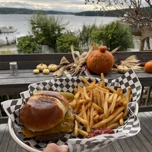 Burger and fries with a view