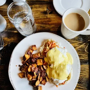 a plate of food and a cup of coffee
