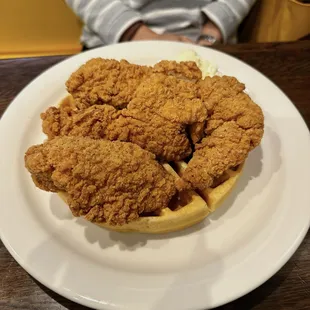 Menu hack for chicken and waffles...ordered 4 chicken tenders and a waffle separately and asked to be combined!