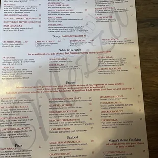 One side of the menu Just to give an idea of pricing and options