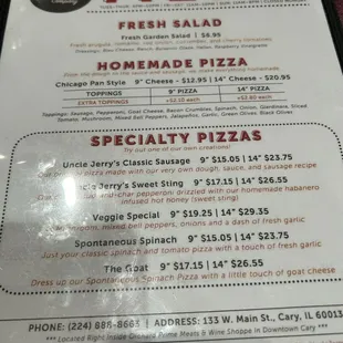 Dine in salad and deep dish pizza menu.