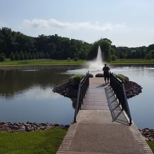 Scenic bridge and fountain.