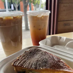 Iced latte, iced Thai tea and broccoli quiche