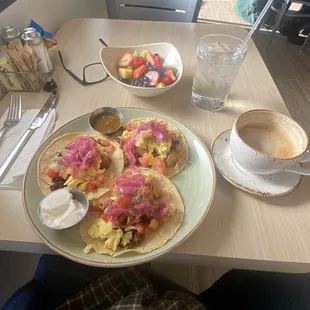 Tacos, fruit salad &amp; cappuccino