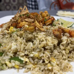 Crawfish Fusion Spicy Rice with grilled crawfish tail instead of crispy