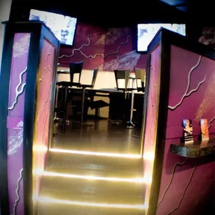 the interior of a brightly lit restaurant