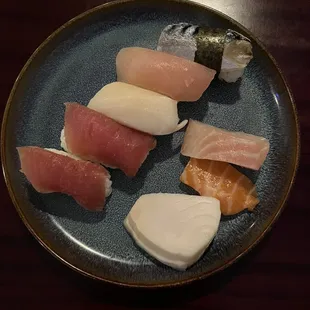 Top: Tuna (2), White tuna, Yellowtail &amp; Mackerel Negiri  Bottom: White tuna, Salmon &amp; Red Snapper Sashimi