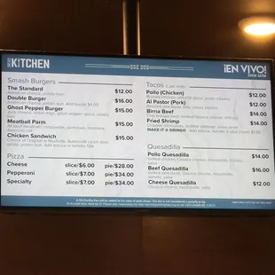 Burgers, Tacos, Pizza, and Quesadillas menu as of 06/30/2024.