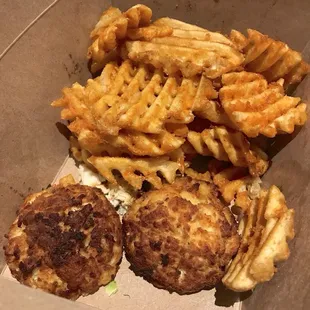 Double Premium Crab cake platter with waffle fries