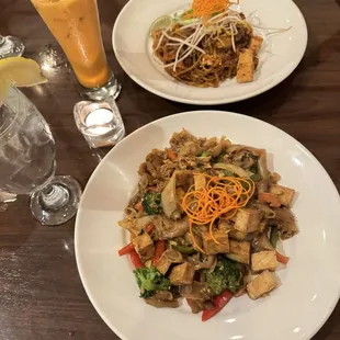 Tofu and vegetable pad Thai, Thai tea, and drunken noodles