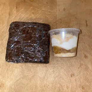 A dark chocolate chunk brownie and a cinnamon cream, apple filling, and Nilla wafer "Itty Bitty"