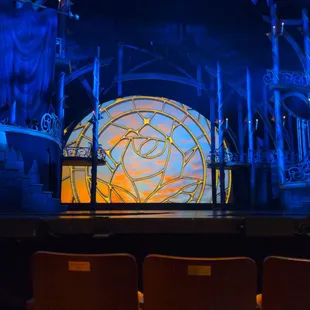 a stage with a clock