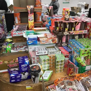 a table full of snacks and candy