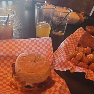 Blue burger and tots and strip