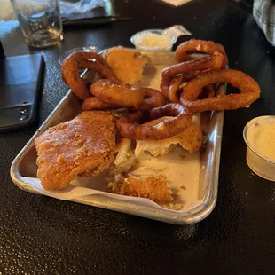 Fish and chips, onion rings - delicious
