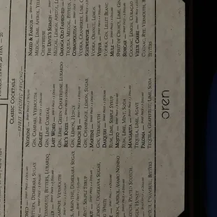 Classic cocktails menu spirit specific pricing