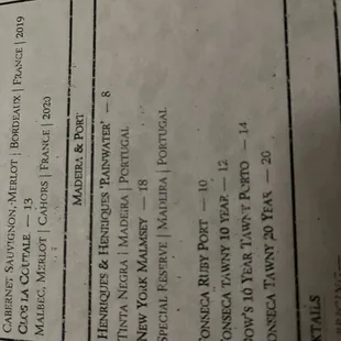 Madeira and Port menu at Oren