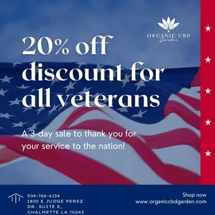 Thank you Veterans for your service from Organic CBD Garden, We appreciate you very much.