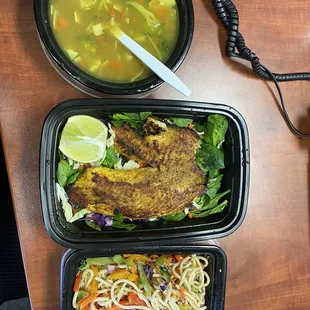 Herbed noodles, fish, and coconut lentil with turmeric soup. Nothing coconut about it which was perfect!