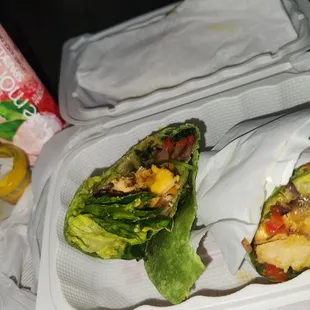 Yummy chicken and sprouts wrap with ginger sauce on the side and Lychee Sparkling Drink