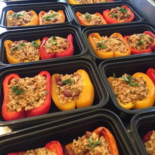 Stuffed Peppers with Brown Rice, beans, and lentils.