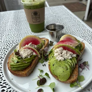 The farm toast and iced matcha latte
