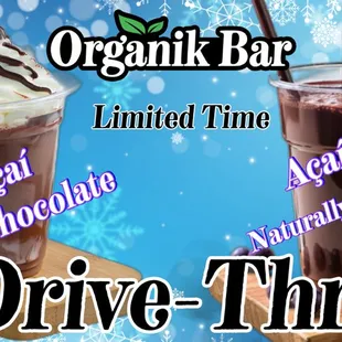 Try our Açai Hot Chocolate made with with açaí, cacao, almond milk, topped with coconut vegan whipped cream and Nutella drizzle.