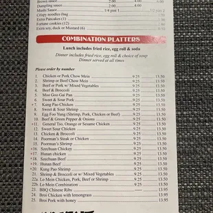 Menu with prices