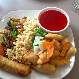 Sweet &amp; Sour Chicken and Beef &amp; Broccoli Combo with Fried Rice and Egg Roll