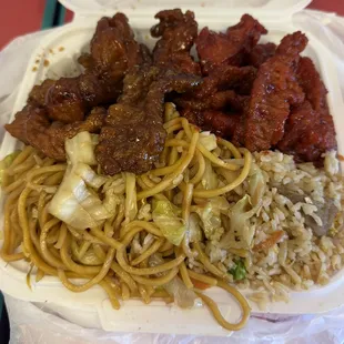 3 item plate with 1/2 noodle 1/2 rice, spicy pork, and honey pork