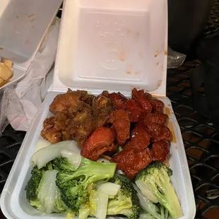 lemon chicken, sweet pork, veggies