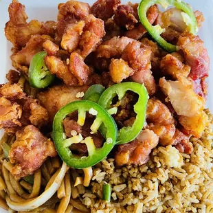 Salt and pepper chicken with half fried rice and half chow mein