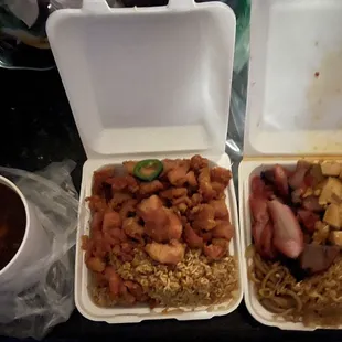 Hot and sour soup (left) salt pepper chicken and fried rice (middle) Bbq pork, hot tofu, half and half fried rice and noodles (right)