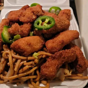 Salt & Pepper Fish w/Chow Mein Noodles, $10