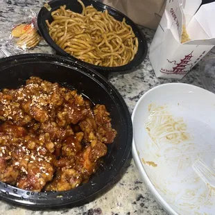 Sesame Chicken, Plain Fried Rice, Plain Lo Mein