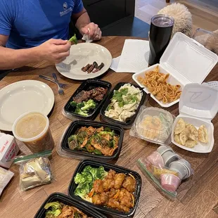 Orange chicken, bulgogi chicken and jalapeños, gyoza, dumplings, galbi, hot and sour soup, and a 2022 National Champion Jayhawk roll
