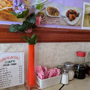 Table, foodie pix, condiments &amp; menu